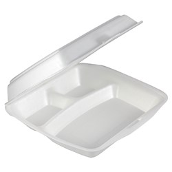 Foam Three Compartment Dinner Clamshell White 215x215x70mm